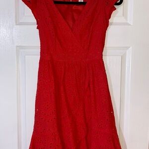 Dark Pink V Neck Eyelet Dress